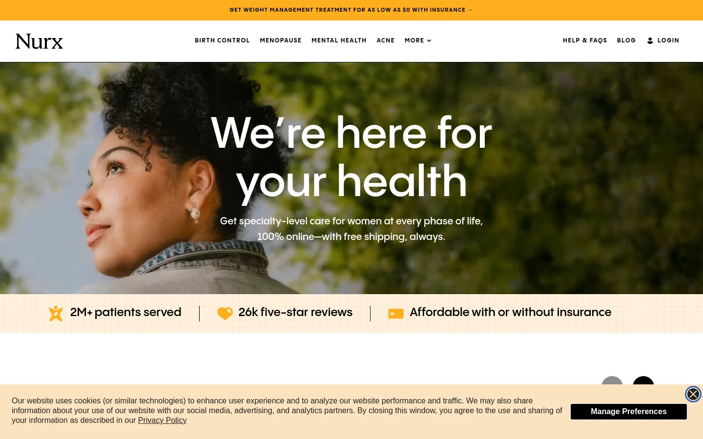 The desktop homepage features a hero image of a woman looking up outdoors, overlaid with the headline 'We’re here for your health' and a subheadline about online specialty care. Below the hero, a beige banner displays key statistics including '2M+ patients served,' '26k five-star reviews,' and insurance affordability. A navigation bar at the top includes links for Birth Control, Menopause, Mental Health, and Acne.