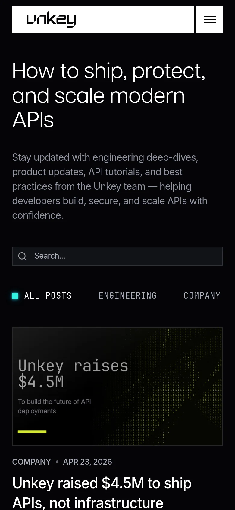 The mobile version of the blog page uses a single-column layout with a dark background. The navigation menu is collapsed into a hamburger icon at the top right, and the category sidebar is moved below the main header and search bar. Blog posts are stacked vertically, showing the cover image followed by the category, date, title, and author.