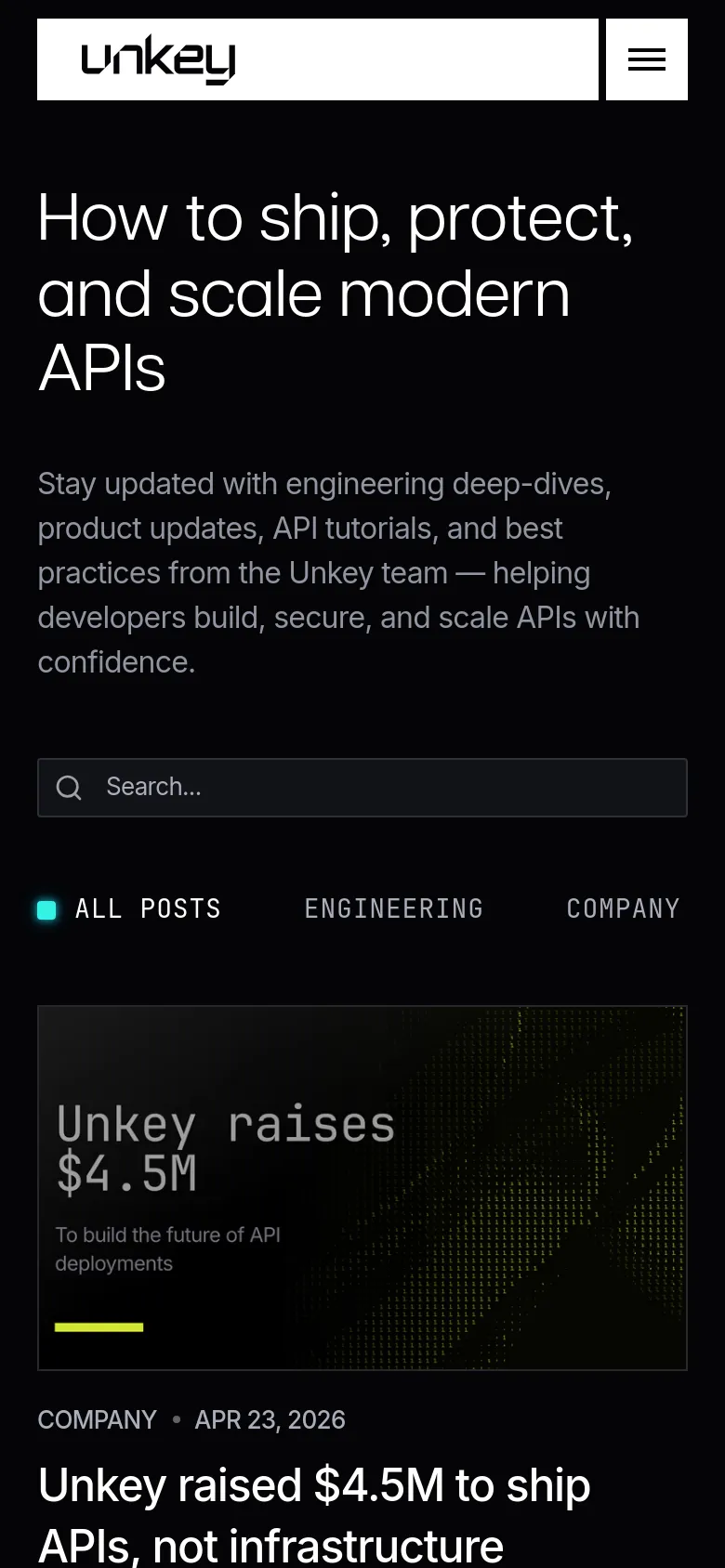The mobile version of the blog page uses a single-column layout with a dark background. The navigation menu is collapsed into a hamburger icon at the top right, and the category sidebar is moved below the main header and search bar. Blog posts are stacked vertically, showing the cover image followed by the category, date, title, and author.