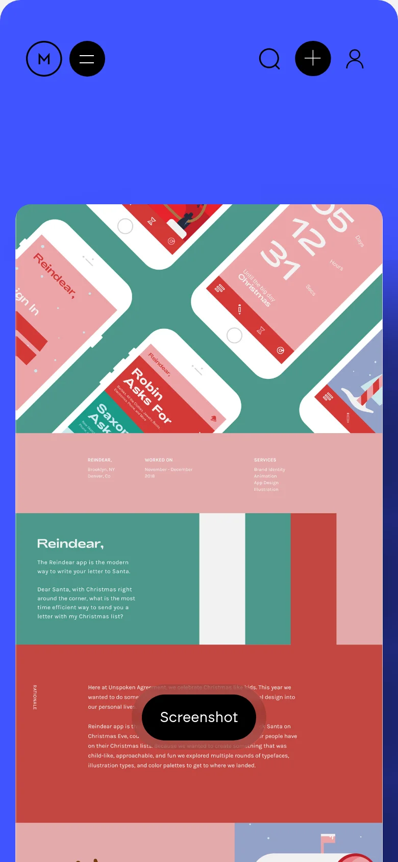 The mobile version presents a vertically stacked layout with the blue header and navigation icons at the top. The hero image of the Reindear app mockups spans the width of the screen, followed by a condensed project information section and a large black 'Screenshot' button. The color palette remains consistent with bright blue, teal, pink, and red accents.