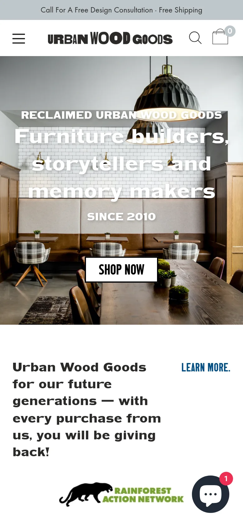The mobile version displays a vertically stacked layout with a condensed header containing a hamburger menu, logo, search icon, and shopping bag. The hero section features the same restaurant imagery but with the text and 'SHOP NOW' button centered and scaled for a smaller screen. Below the hero, a section highlights a partnership with the Rainforest Action Network.