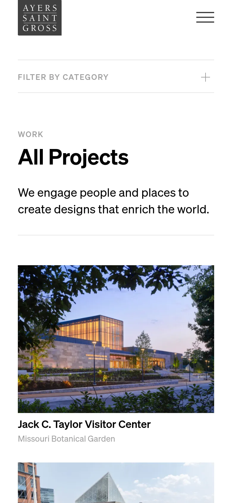 The mobile version uses a stacked vertical layout optimized for small screens. The 'Filter by Category' section is condensed into an expandable accordion menu with a plus icon, and the project images and titles are displayed in a single-column format for easier scrolling.