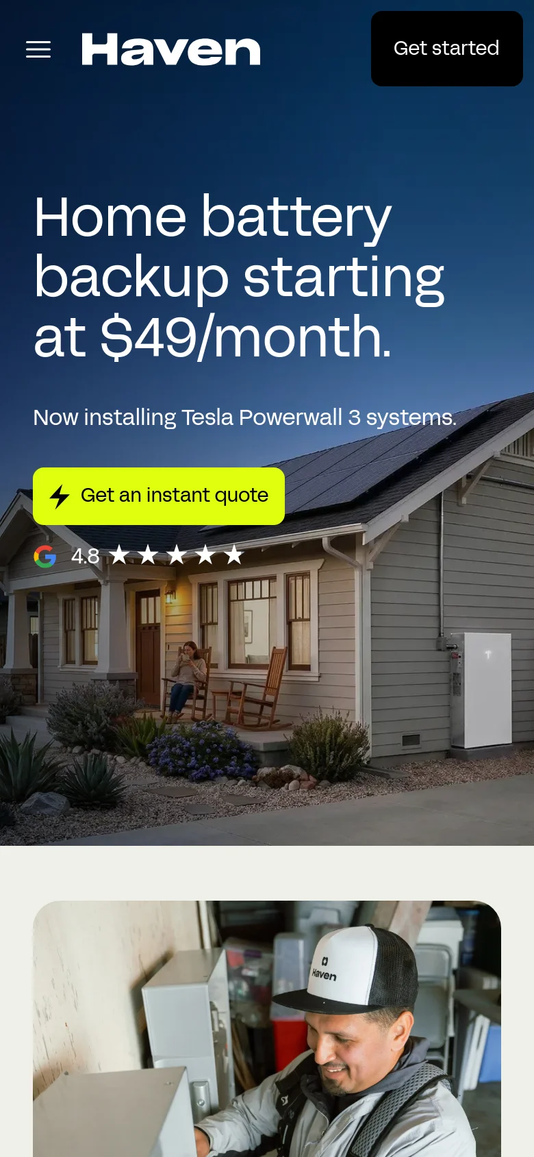 The mobile version uses a vertically oriented hero image of a home at dusk, with the headline and 'Get an instant quote' button stacked centrally for easy tapping. The top navigation is condensed into a hamburger menu icon, and the 'Get started' button remains visible in the header. The layout is streamlined to focus on the primary call to action and the pricing headline.