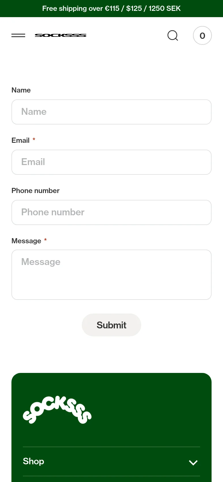 The mobile version simplifies the layout, replacing the full navigation bar with a hamburger menu icon, the brand logo, a search icon, and a shopping bag icon. The contact form fields are stacked vertically and span the width of the screen, maintaining the same input types and the centered Submit button. The green promotional banner remains at the top.