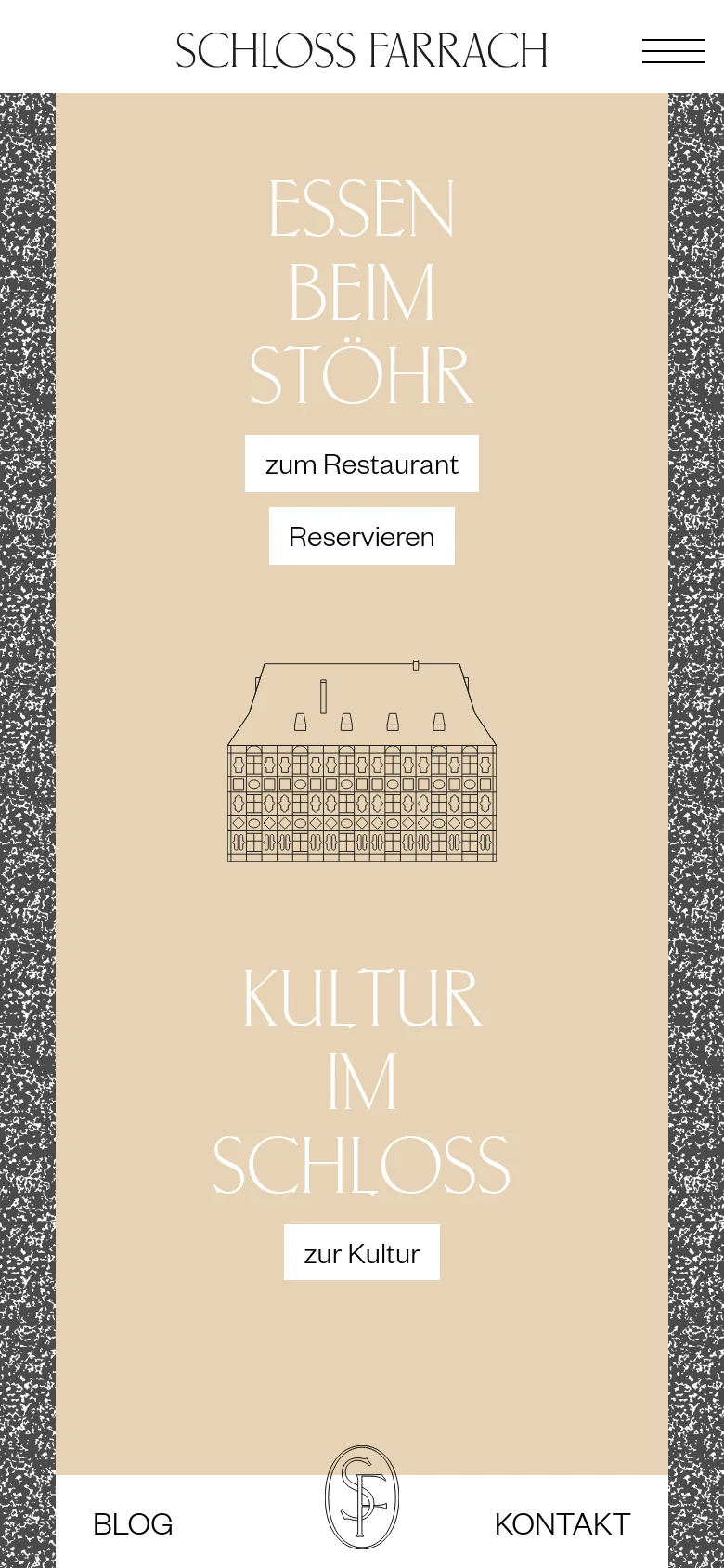 The mobile version stacks the content vertically on a beige background. The 'ESSEN BEIM STÖHR' section appears at the top with its corresponding buttons, followed by the central castle line drawing, then the 'KULTUR IM SCHLOSS' section and its button, with a hamburger menu icon in the top right corner.