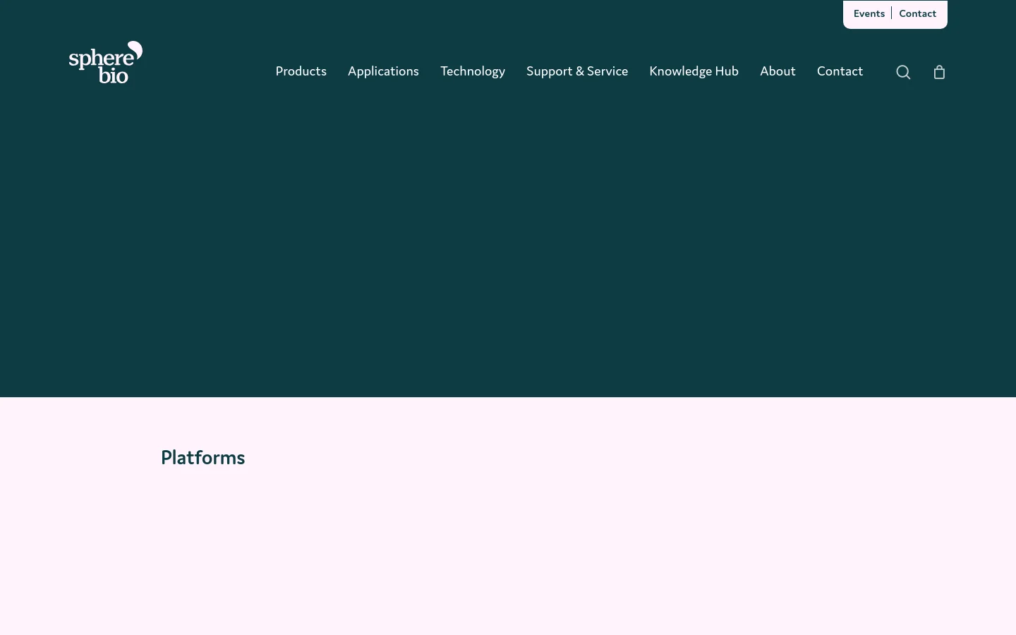 The desktop page features a dark teal hero section with the headline 'Our products' and introductory text about picodroplet microfluidic technology. Below the hero, a white section displays product categories including 'Platforms', 'Assay Kits', and 'Consumables and Reagents' arranged in a grid layout. The navigation bar at the top includes the Sphere Bio logo, menu links, a search icon, and a shopping bag icon.