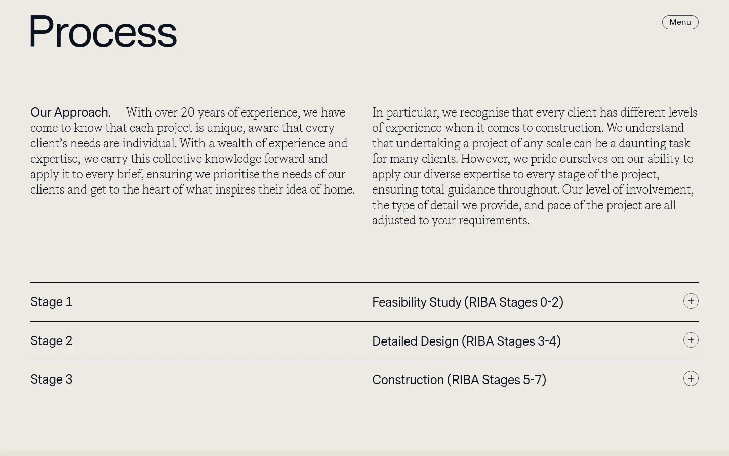 The desktop page features a minimalist design with a large 'Process' headline and a 'Menu' button on a light beige background. The content is organized into two columns of text under 'Our Approach,' followed by a vertical list of expandable accordion sections for Stage 1, Stage 2, and Stage 3.