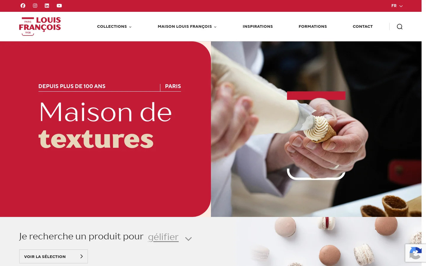 The desktop homepage features a split-screen hero section with a red background on the left containing the headline 'Maison de textures' and a photo of a pastry chef piping cream on the right. Below, a product selector dropdown and a 'Voir la sélection' button sit above a grid of product categories, each represented by a high-quality food photography card.