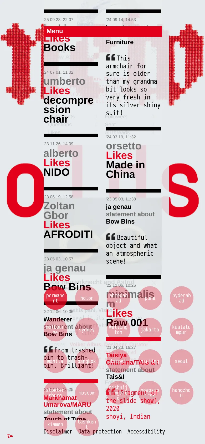 The mobile version presents a single-column vertical scroll of the design project cards, prioritizing large imagery and text readability. The navigation is condensed, and the large red 'O' and 'S' decorative elements are repositioned to frame the narrower viewport.