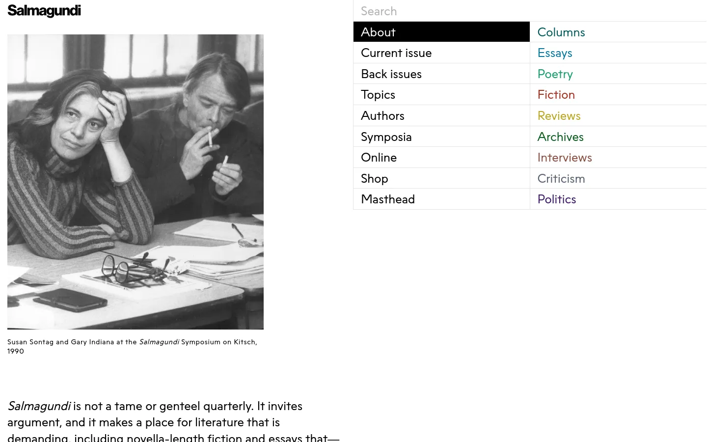 The desktop About page features a minimalist design with a large black and white photograph of Susan Sontag and Gary Indiana on the left. To the right, a multi-column navigation menu lists site sections like About, Current issue, and various literary categories against a white background.