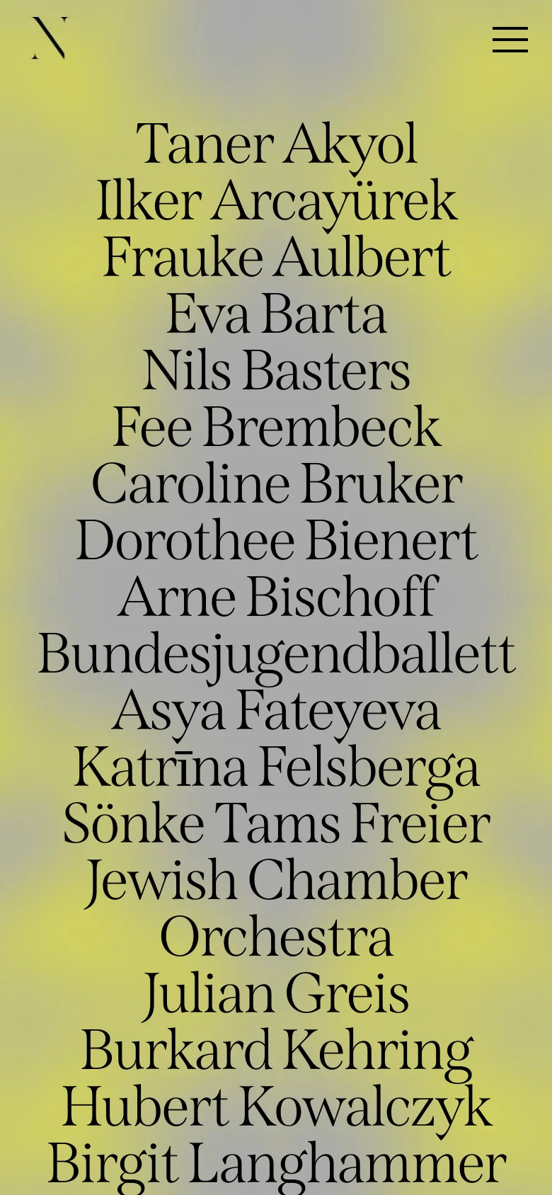 The mobile version maintains the large serif list of artist names over the yellow and grey abstract background. The top navigation is condensed into a hamburger menu icon on the right, with the 'N' logo remaining on the left.