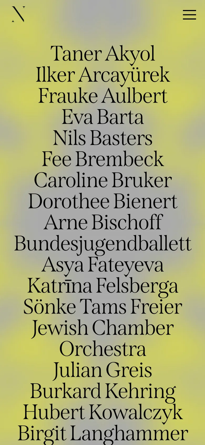 The mobile version maintains the large serif list of artist names over the yellow and grey abstract background. The top navigation is condensed into a hamburger menu icon on the right, with the 'N' logo remaining on the left.