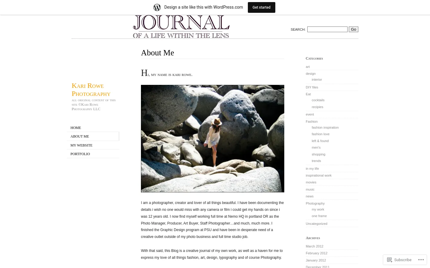 The desktop About Me page features a minimalist white layout with a centered 'Journal of a Life Within the Lens' logo. A large photograph of a woman in a hat standing among large boulders is centered below the 'About Me' heading, followed by biographical text and a sidebar containing categories and archives. Navigation links like 'Home' and 'About Me' are positioned on the left side.