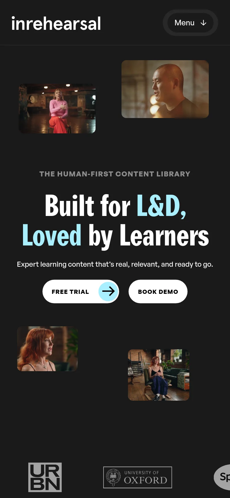 The mobile version presents a vertically stacked layout on a dark background, centering the main headline and subtext. The 'FREE TRIAL' and 'BOOK DEMO' buttons are prominently displayed in the center, with the four portrait images rearranged into a single column. A navigation menu button is located at the top right, and brand logos are shown in a single row at the bottom.