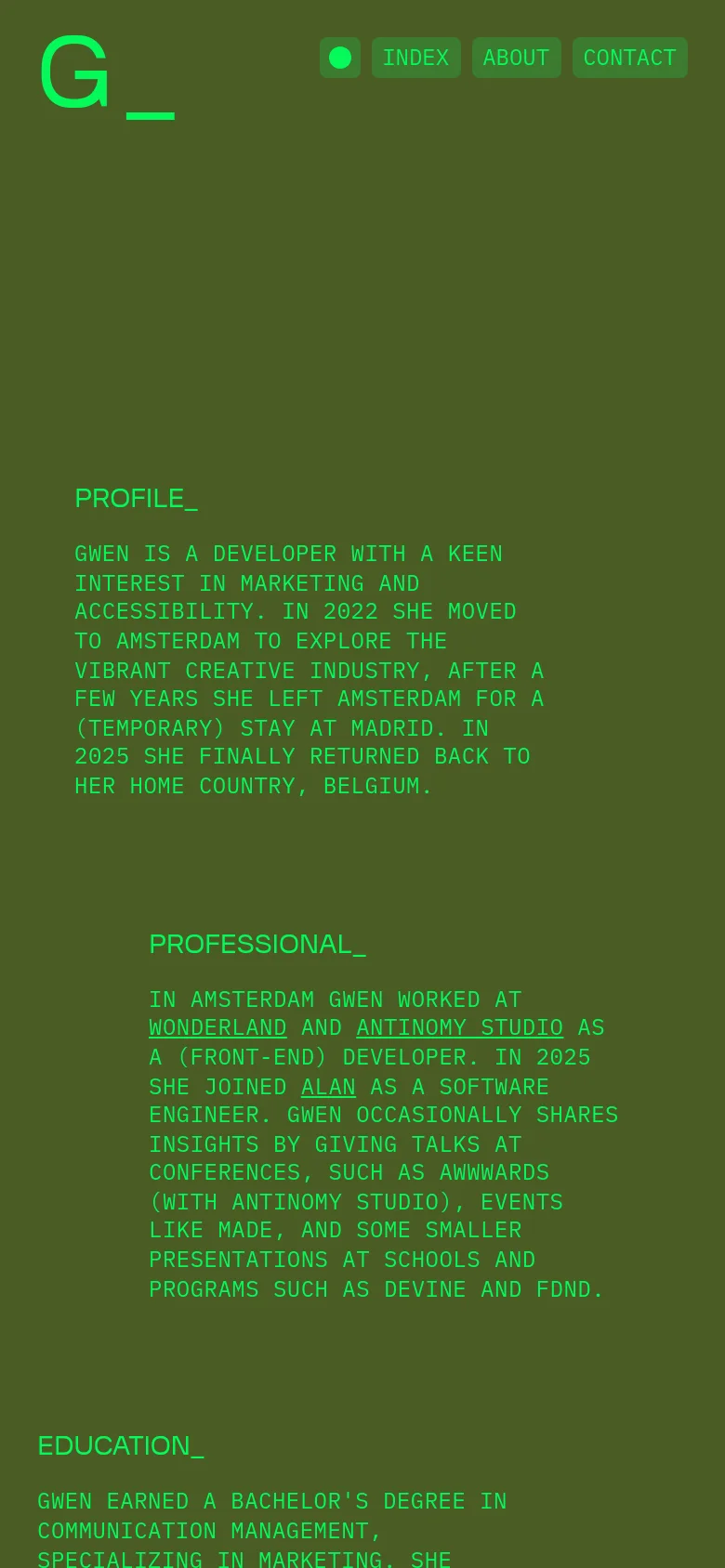 The mobile version maintains the olive green and bright green color scheme but transitions to a single-column layout. The large 'G' logo and navigation buttons are stacked at the top, followed by the biographical text sections arranged vertically for easier scrolling.
