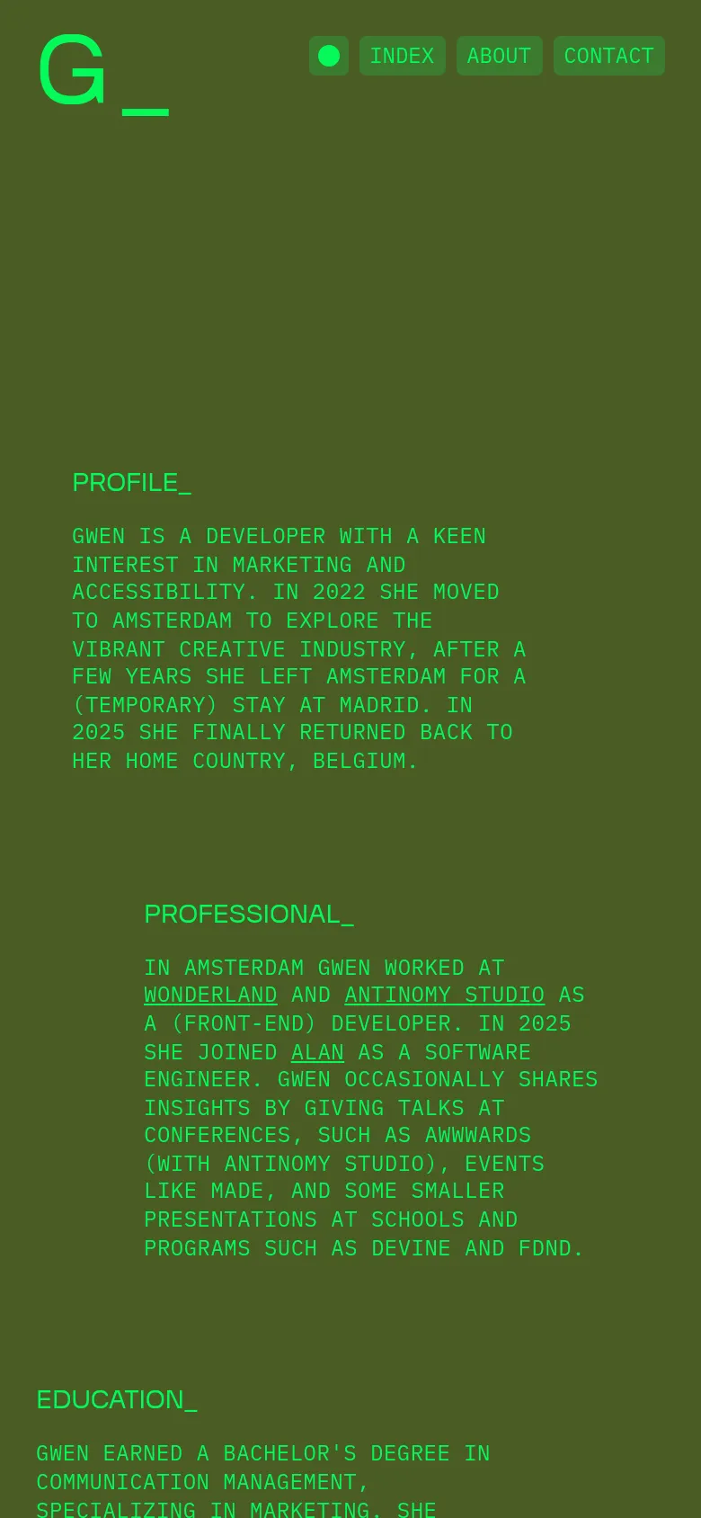 The mobile version maintains the olive green and bright green color scheme but transitions to a single-column layout. The large 'G' logo and navigation buttons are stacked at the top, followed by the biographical text sections arranged vertically for easier scrolling.