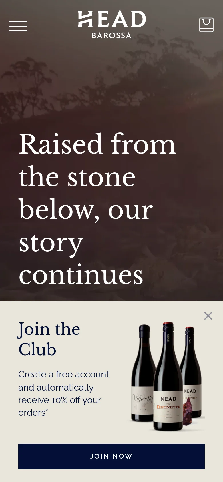 The mobile version presents a vertically stacked layout with the hero headline 'Raised from the stone below, our story continues' centered over a blurred vineyard background. The header contains a hamburger menu, the brand logo, and a shopping bag icon. A large 'Join the Club' promotional banner occupies the bottom half of the screen, featuring a high-contrast 'JOIN NOW' button and images of wine bottles.
