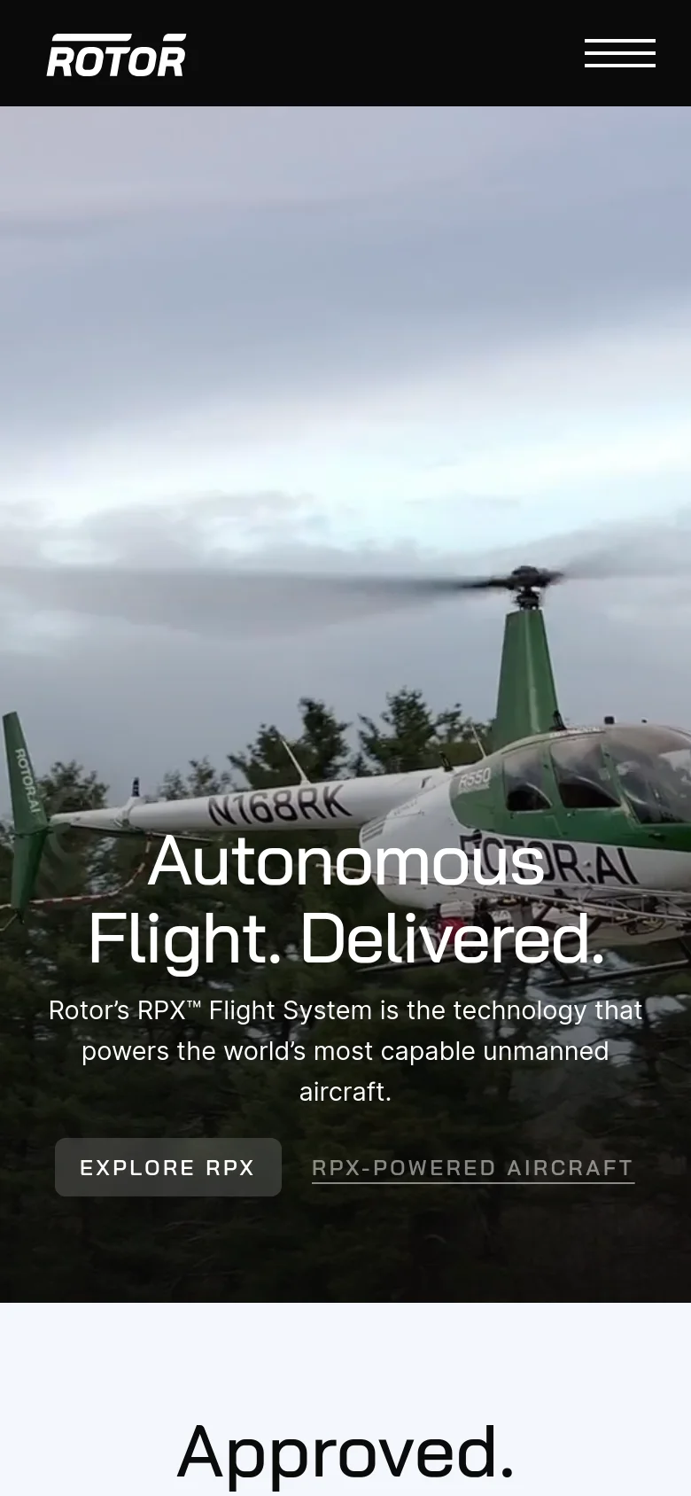 The mobile version presents a simplified layout with the Rotor logo and a three-line hamburger menu icon in a dark header. The hero section maintains the large background image of the helicopter over trees, but the headline and call-to-action buttons are stacked vertically to fit the narrower screen width.