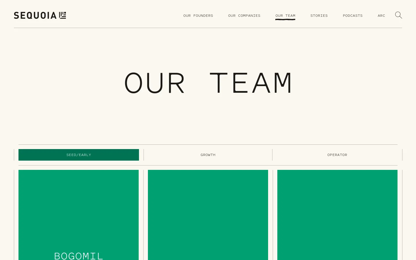 The 'Our Team' page features a minimalist design with a large 'OUR TEAM' headline on a light cream background. A category toggle bar allows users to filter team members by Seed/Early, Growth, or Operator, with 'Seed/Early' currently selected. Below the filter, a grid of large, colorful portrait tiles displays team members' names and roles.