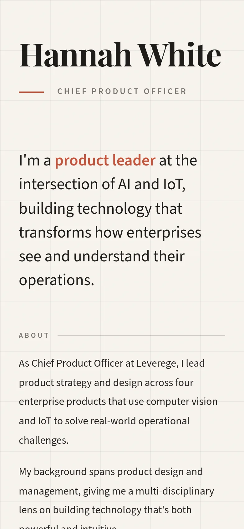 The mobile version features a single-column layout on a cream grid background. The large serif headline and professional summary are stacked vertically at the top, followed by the 'About' text section, which flows in a continuous vertical scroll without the side-by-side desktop arrangement.