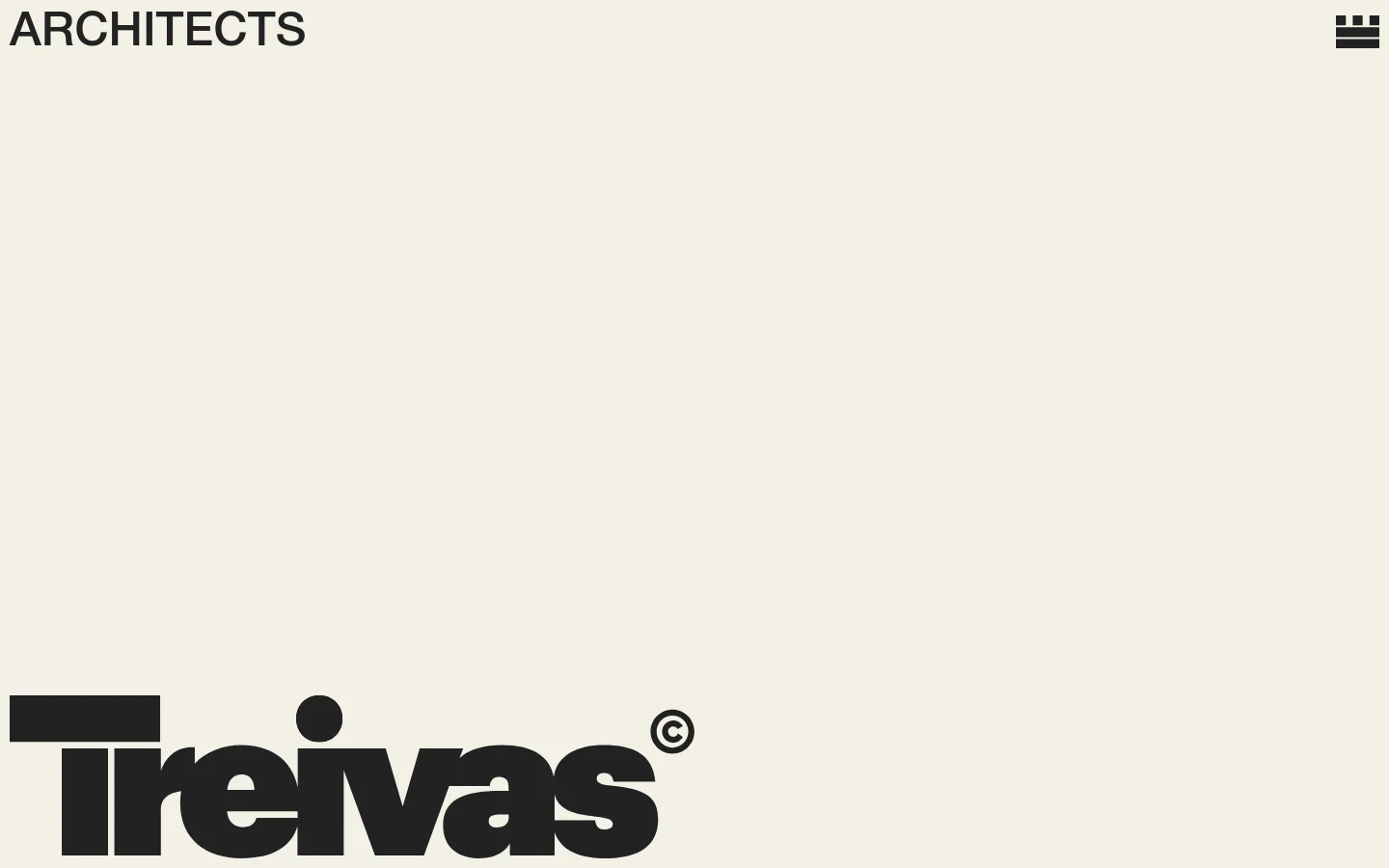 The Treivas Architects homepage features a minimalist cream background with a large black logo at the bottom. The layout consists of a grid of news and project cards, each containing a vertical image, category tags, date, and a headline link. A navigation menu is represented by a hamburger icon in the top right corner.