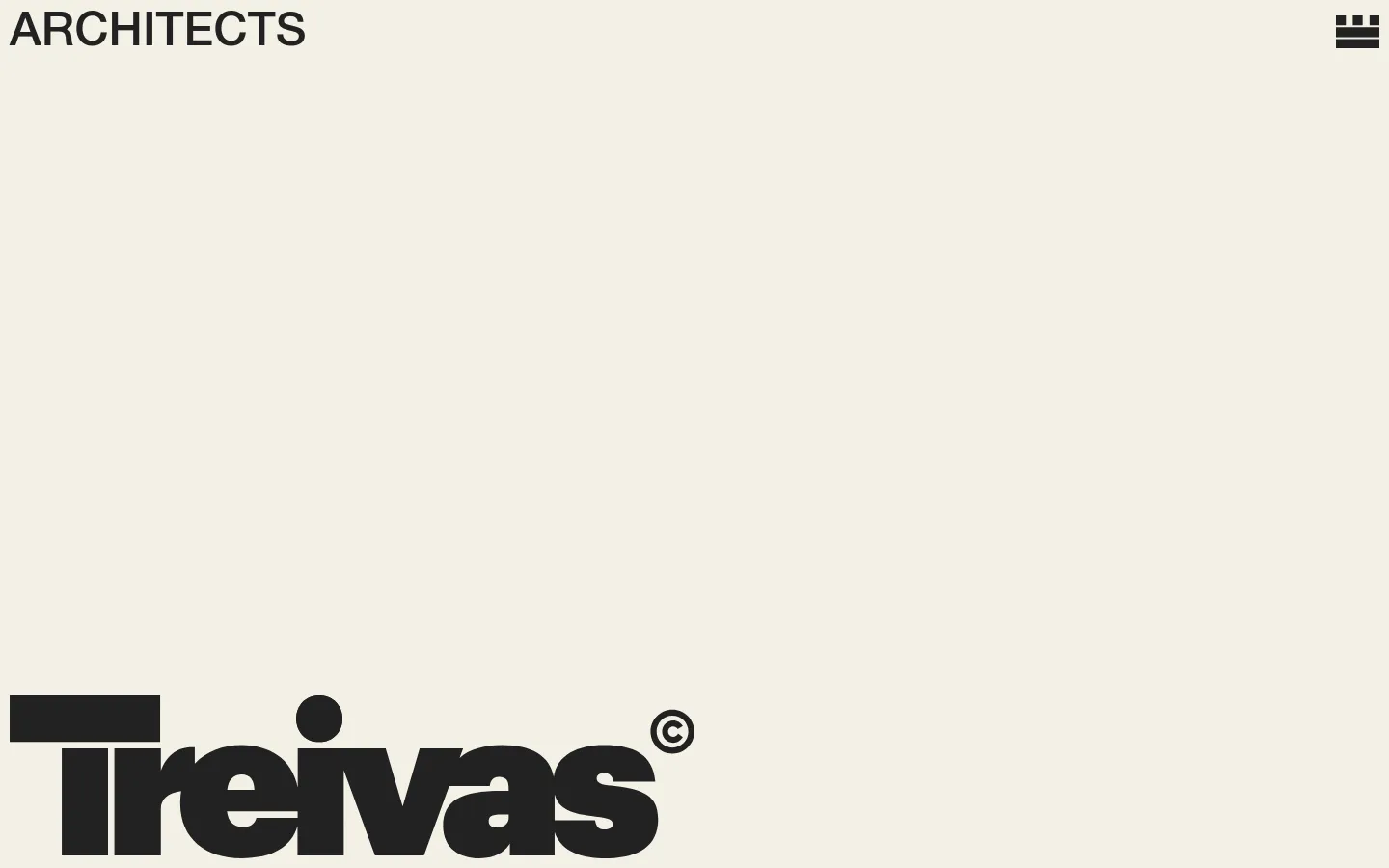The Treivas Architects homepage features a minimalist cream background with a large black logo at the bottom. The layout consists of a grid of news and project cards, each containing a vertical image, category tags, date, and a headline link. A navigation menu is represented by a hamburger icon in the top right corner.