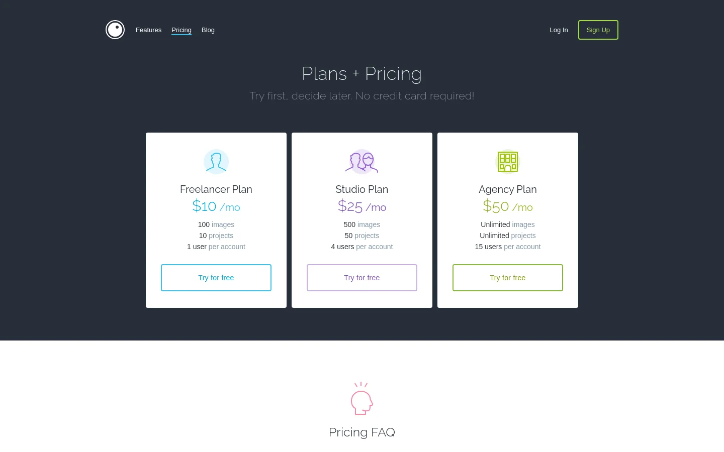 The desktop pricing page features a dark charcoal background with white and light blue text. Three white pricing cards for Freelancer, Studio, and Agency plans are arranged horizontally in the center, each displaying a colorful icon, price, feature list, and a 'Try for free' button. Below the cards, a 'Pricing FAQ' section is introduced on a white background.
