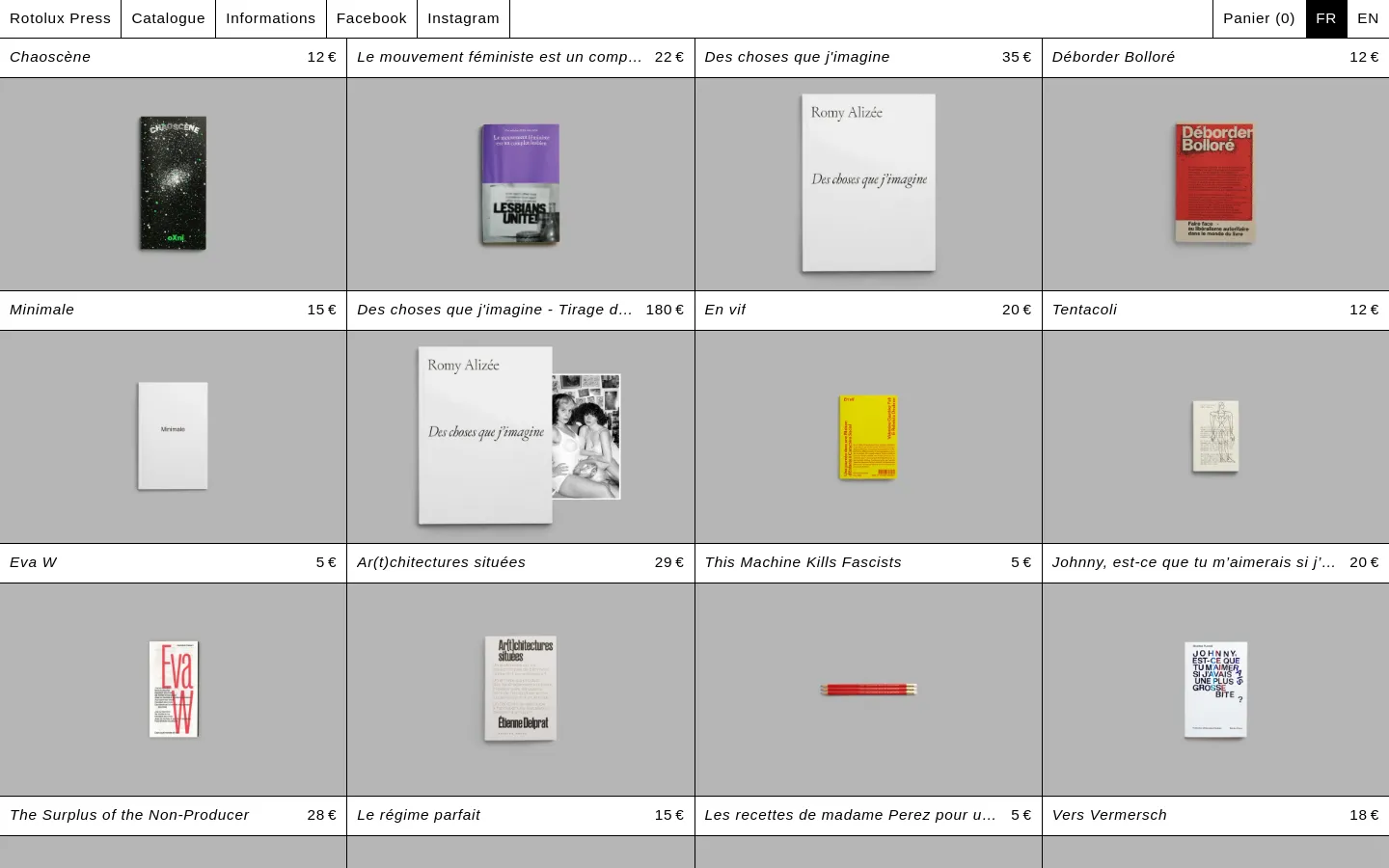 The desktop homepage for Rotolux Press features a minimalist grid layout on a light gray background. Each product entry includes a book cover image, title, and price, organized in rows of four. The navigation menu at the top provides links to Catalogue, Informations, Facebook, Instagram, and a shopping cart.