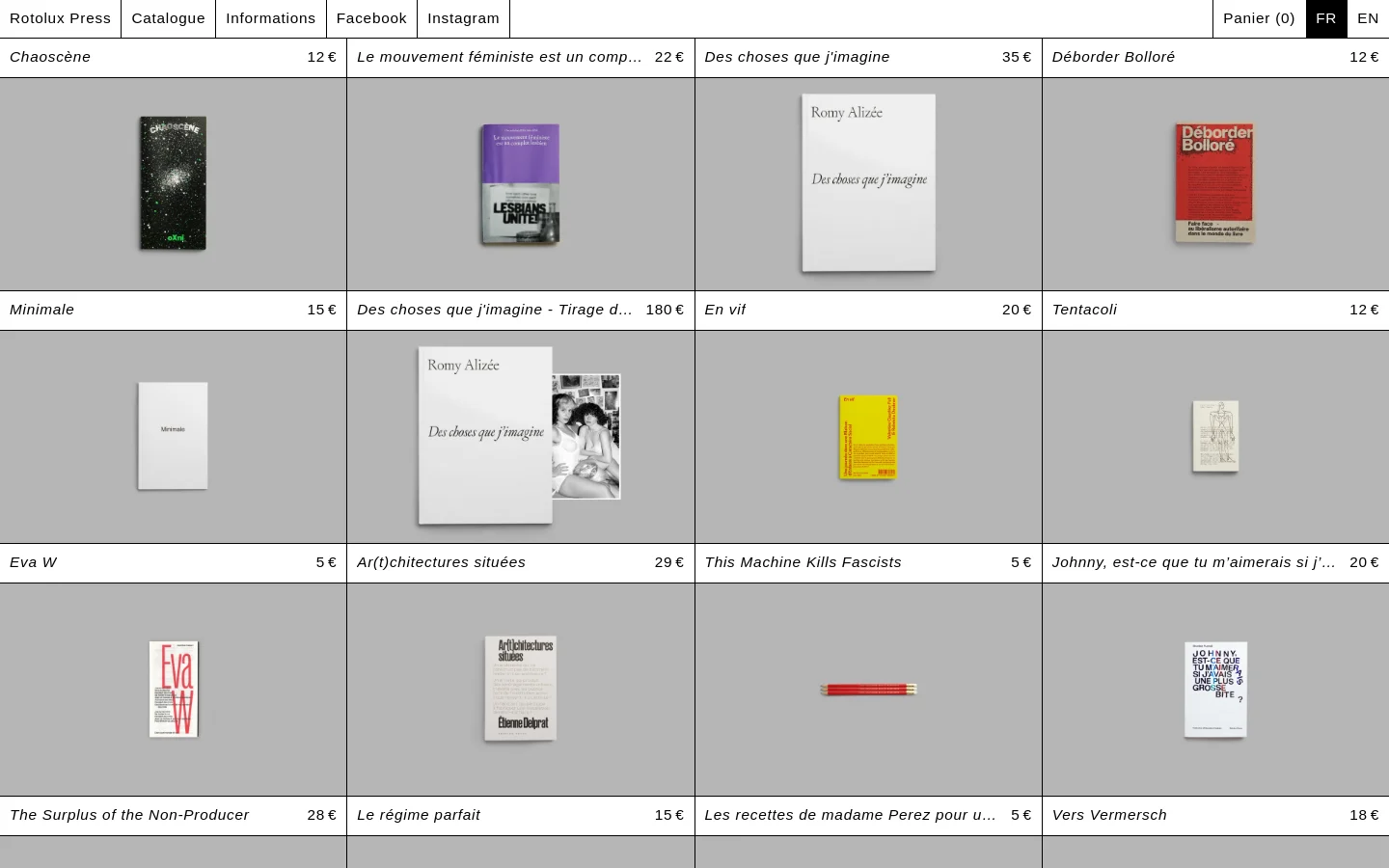 The desktop homepage for Rotolux Press features a minimalist grid layout on a light gray background. Each product entry includes a book cover image, title, and price, organized in rows of four. The navigation menu at the top provides links to Catalogue, Informations, Facebook, Instagram, and a shopping cart.