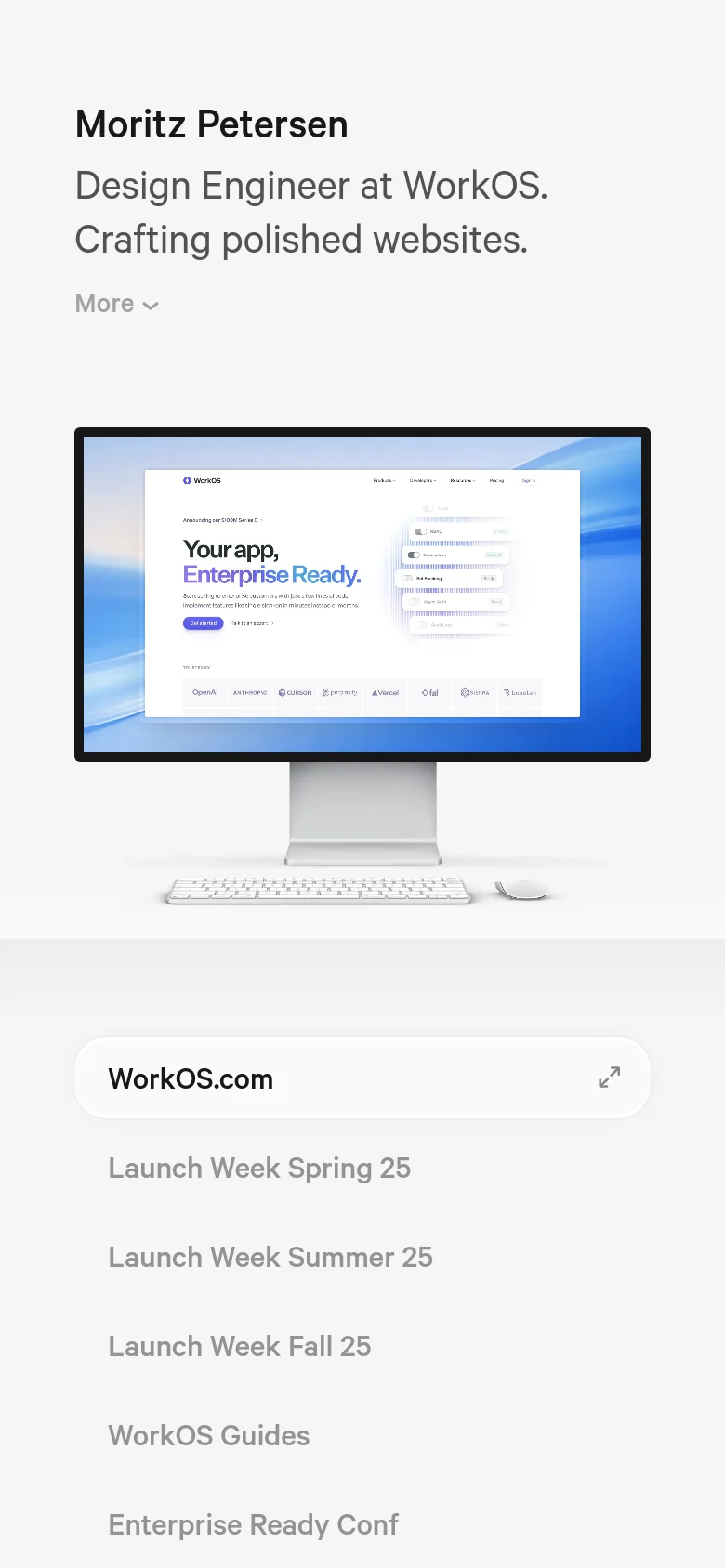 The mobile version features a single-column vertical layout. The headline and subheadline are centered at the top, followed by a large hero image of a computer monitor. Below the image, the project links are stacked vertically in a clean, easy-to-tap list format.