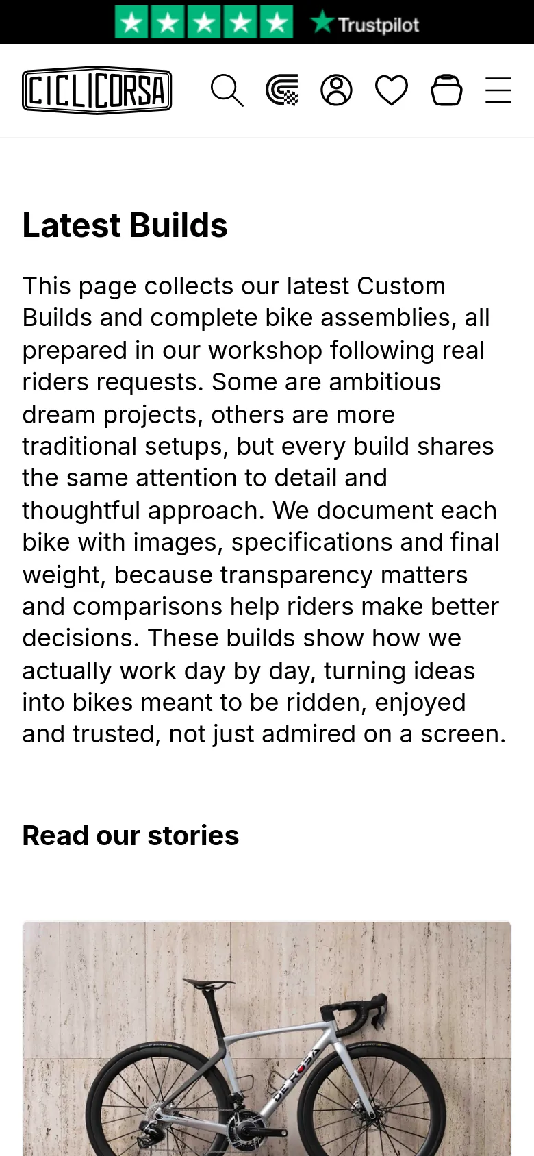 The mobile version simplifies the layout, replacing the top navigation with a hamburger menu and a condensed header containing icons for search, account, favorites, and cart. The 'Latest Builds' headline and introductory text span the width of the screen, followed by a vertical stack of large bicycle images and their corresponding technical specifications.