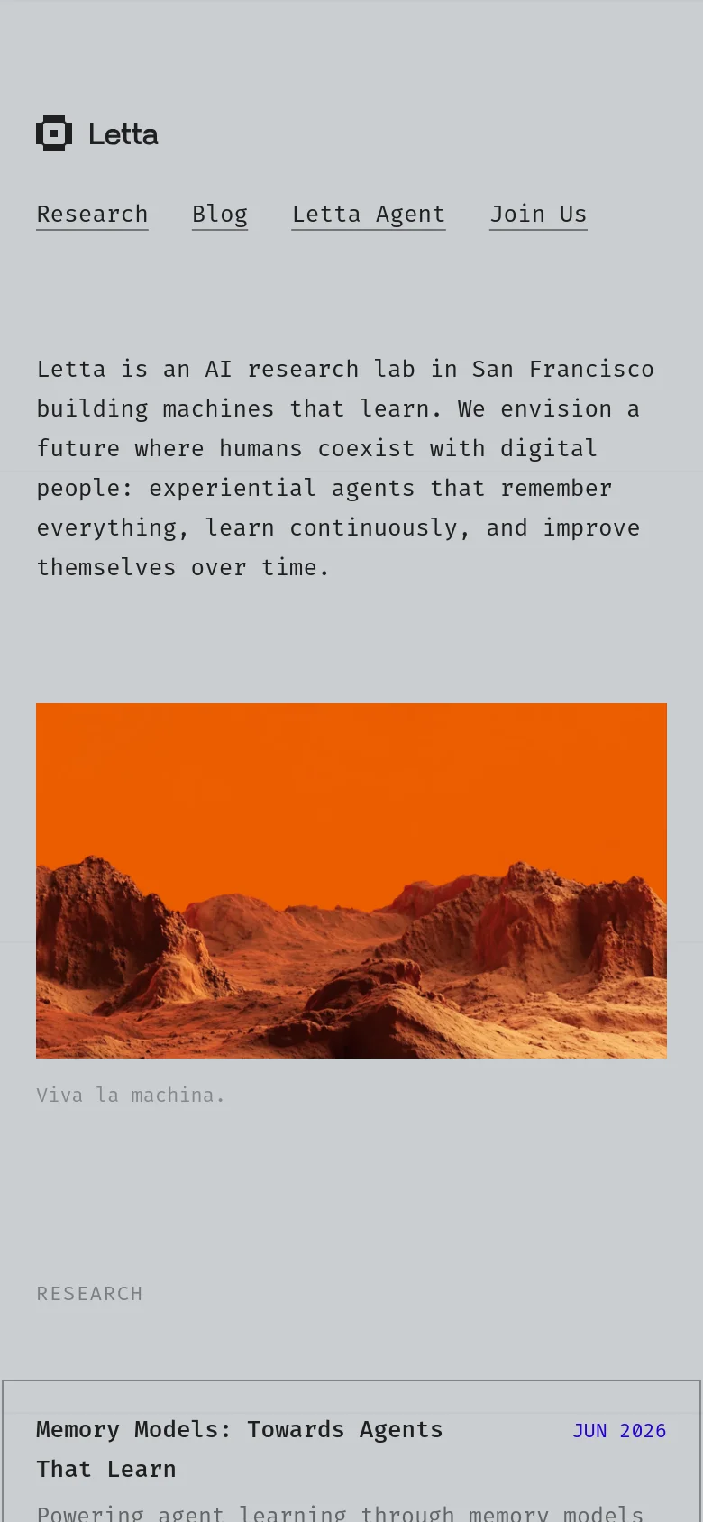 The mobile version maintains the minimalist aesthetic but uses a stacked vertical layout. The navigation links are centered below the Letta logo, and the hero image of orange mountains spans the full width of the screen. Text content is centered to fit the narrower viewport, ensuring readability of the research and product descriptions.