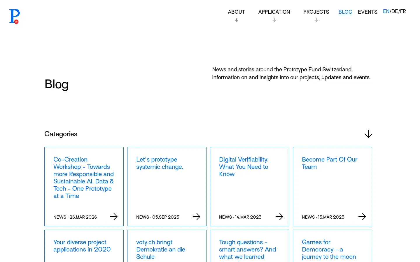 The desktop blog page features a clean white layout with a top navigation bar containing links like About, Application, and Projects. A large 'Blog' heading is followed by a brief description, and a grid of blue-outlined cards displays news articles with titles, dates, and arrow icons. The design uses blue text on a white background for a minimalist aesthetic.