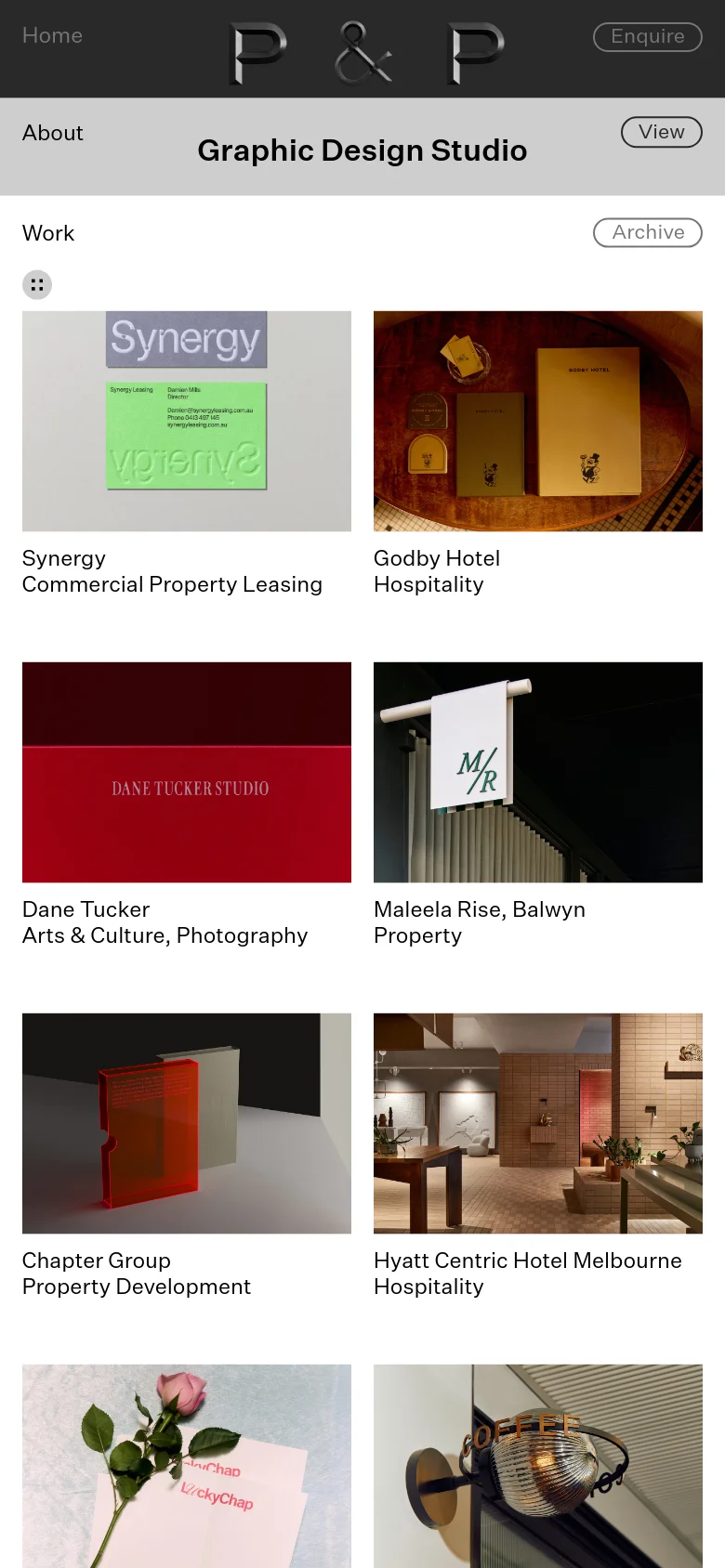 The mobile version presents a simplified, single-column layout optimized for vertical scrolling. The hero text and professional portrait are stacked vertically, and the project grid transitions from four columns to two columns to maintain image clarity on a smaller screen.