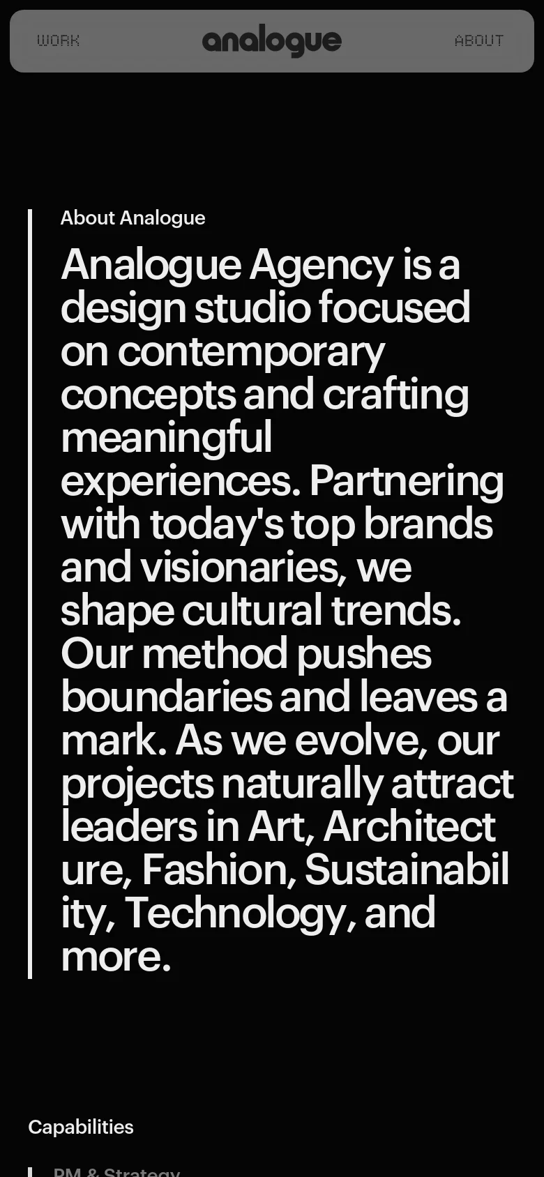 Analogue Agency expertise page in a mobile-responsive stacked layout. The design maintains a dark aesthetic with large white typography, presenting service capabilities and awards in a single-column vertical scroll.
