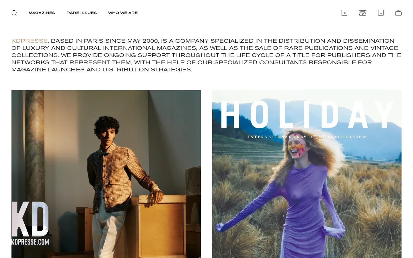 The 'Who We Are' page features a clean, minimalist layout with black text on a white background. A large header section contains a two-column hero image: on the left, a man in a checkered shirt leans against a wooden crate, and on the right, a woman in a purple dress stands in a field under the word 'HOLIDAY'. The navigation bar at the top includes links for Magazines, Rare Issues, and Who We Are, alongside search, language, and cart icons.