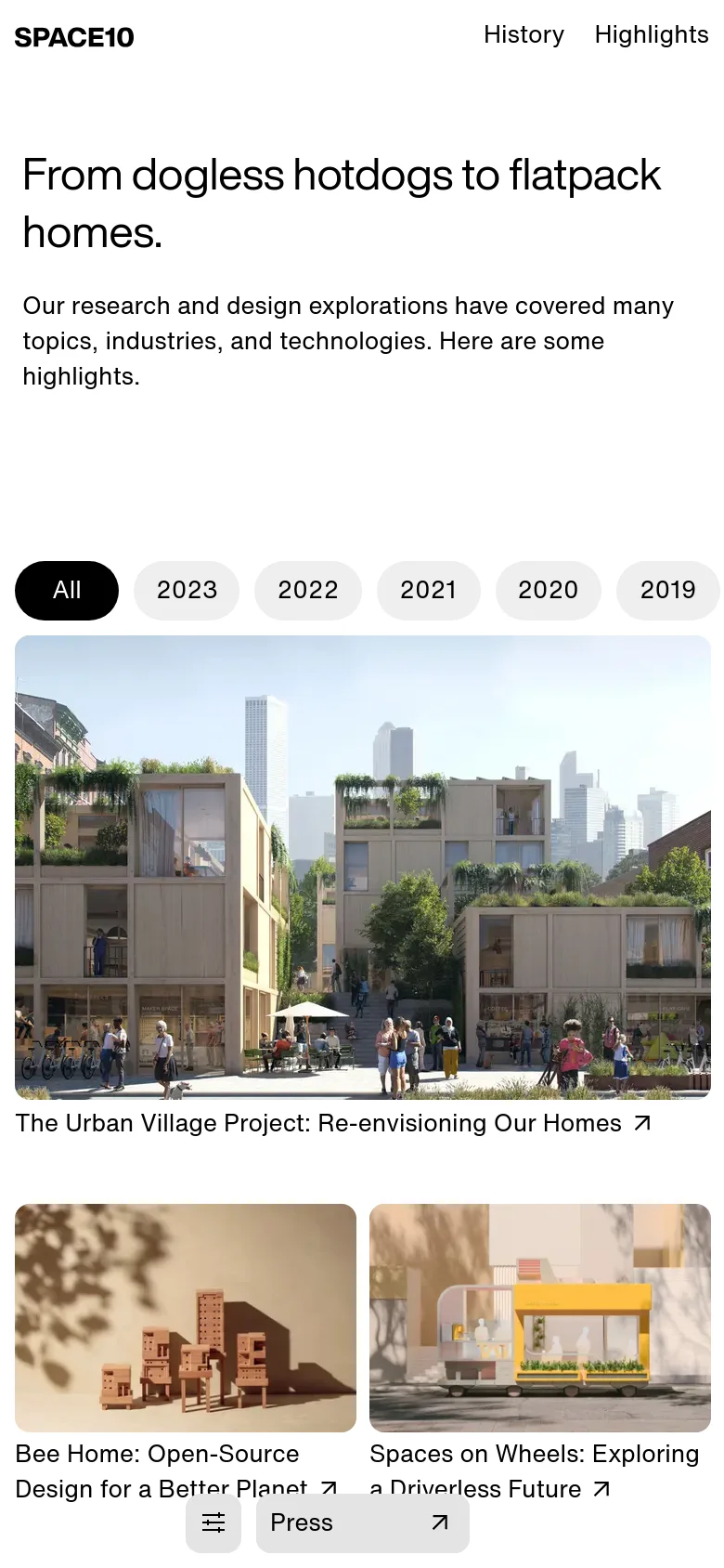 The mobile version maintains the clean white aesthetic and large headline but transitions the horizontal filter buttons into a scrollable or stacked layout. The project grid shifts from multiple columns to a single-column vertical stack, displaying large project images with their respective titles underneath.