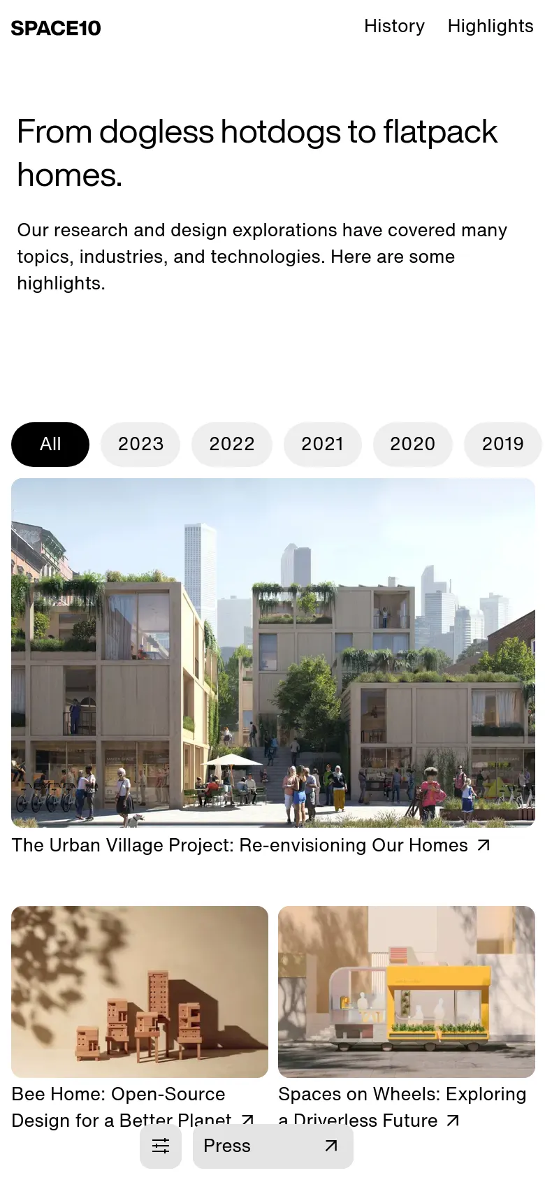 The mobile version maintains the clean white aesthetic and large headline but transitions the horizontal filter buttons into a scrollable or stacked layout. The project grid shifts from multiple columns to a single-column vertical stack, displaying large project images with their respective titles underneath.