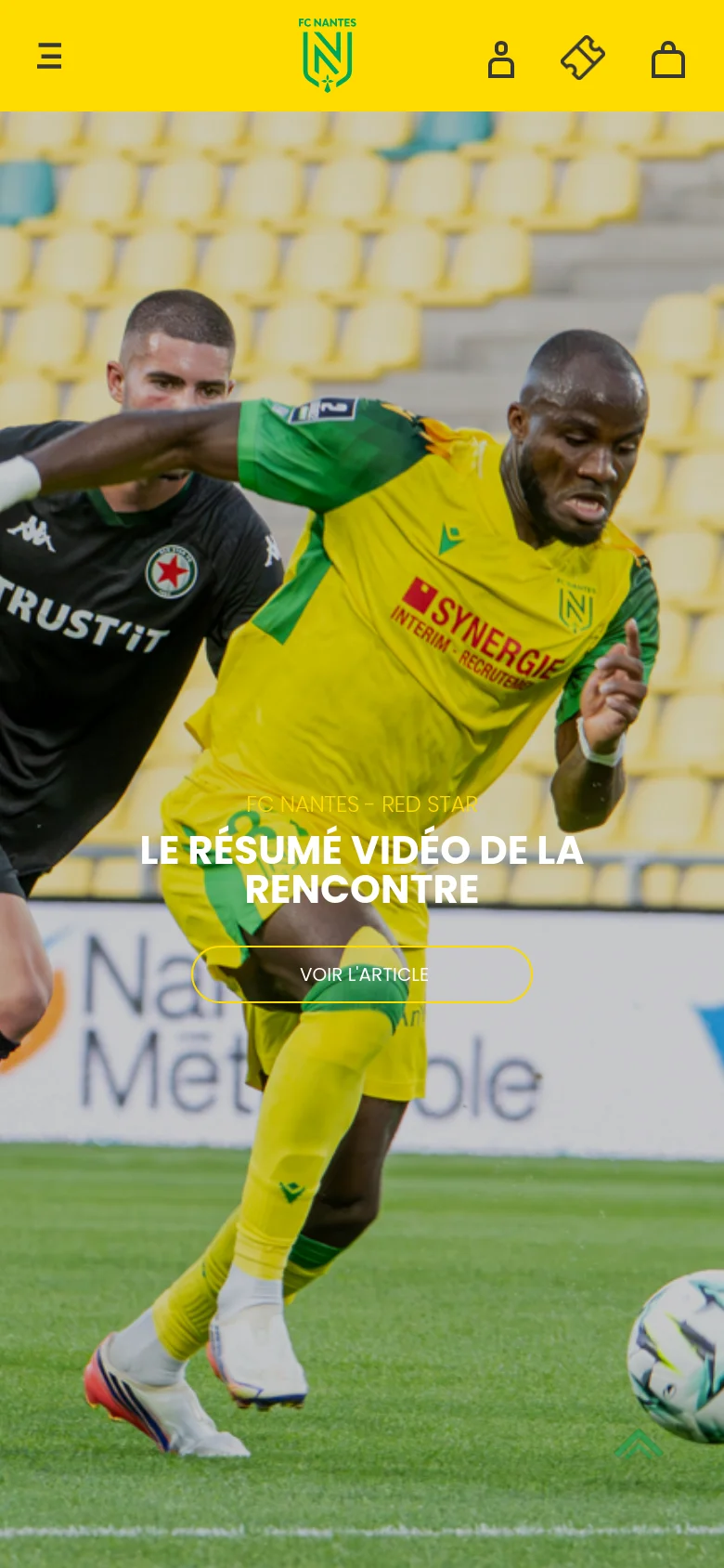 The mobile version features a simplified yellow header with a hamburger menu icon, the club logo, and three small icons for user profile, tickets, and shopping. The hero section displays a vertically cropped version of the match action image with the same headline and call-to-action button centered on the screen.