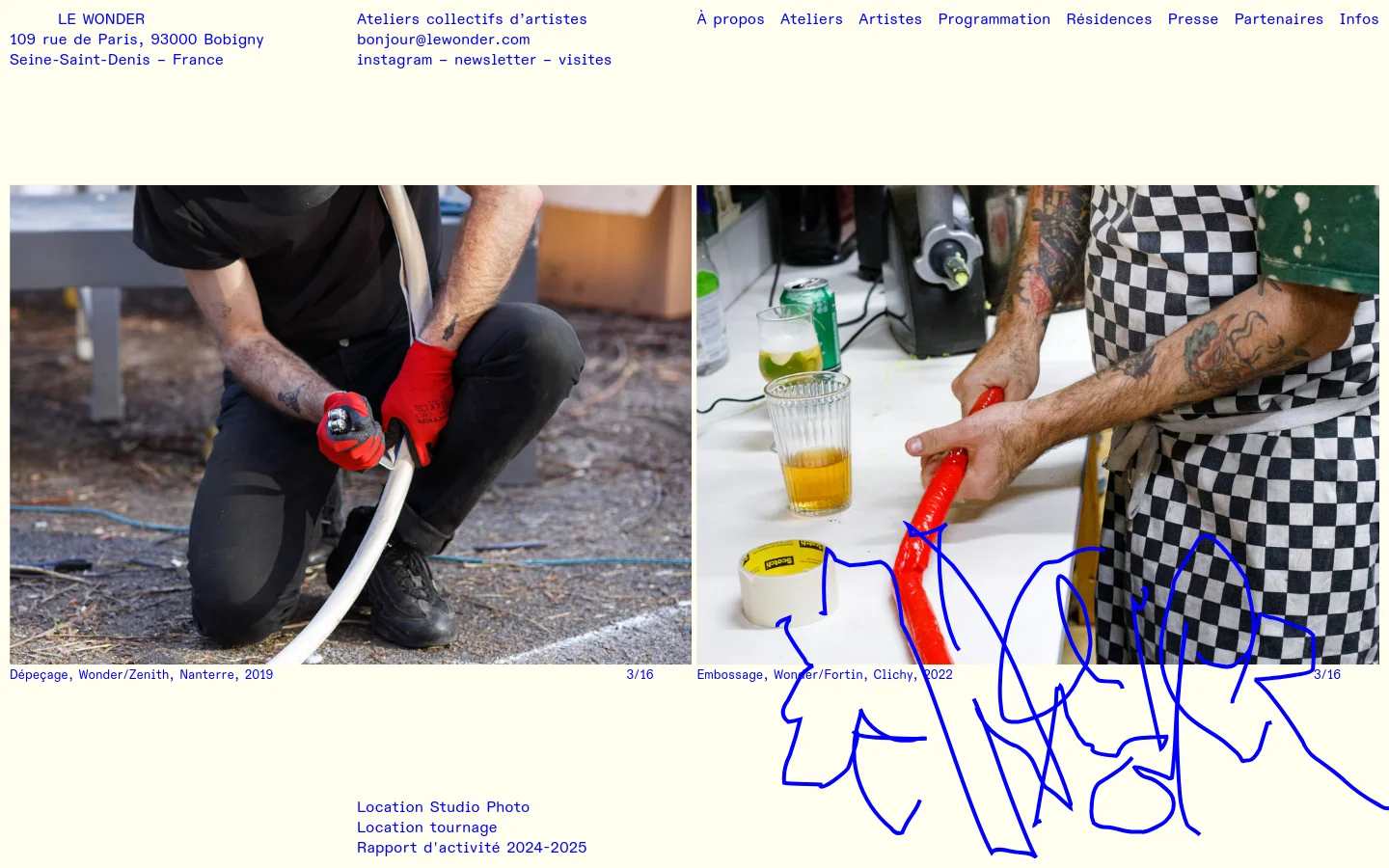 The desktop homepage features a minimalist white layout with a navigation menu at the top and contact information on the left. A large, full-width image slider displays artistic photography, currently showing a person working with materials. Below the slider, blue text links provide access to studio rentals and activity reports.