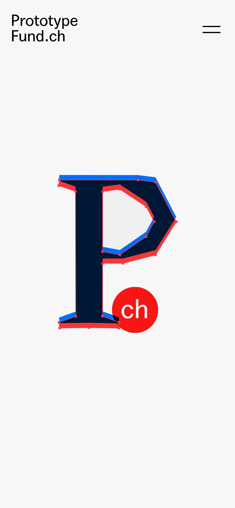 The mobile version presents a simplified vertical layout with the 'Prototype Fund.ch' logo and a hamburger menu icon at the top. The large stylized 'P' graphic is centered below the header, followed by the main headline and text content stacked vertically for easier scrolling on a small screen.