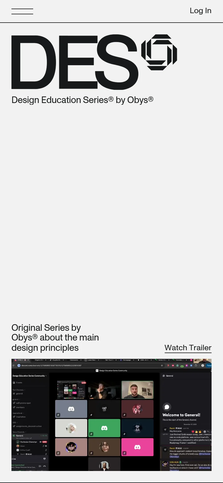 The mobile version maintains the minimalist black and white aesthetic but shifts to a vertical, single-column layout. The massive 'DES' header is scaled to fit the screen width, and the navigation is condensed, prioritizing a streamlined scrolling experience for the hero text and video trailer.
