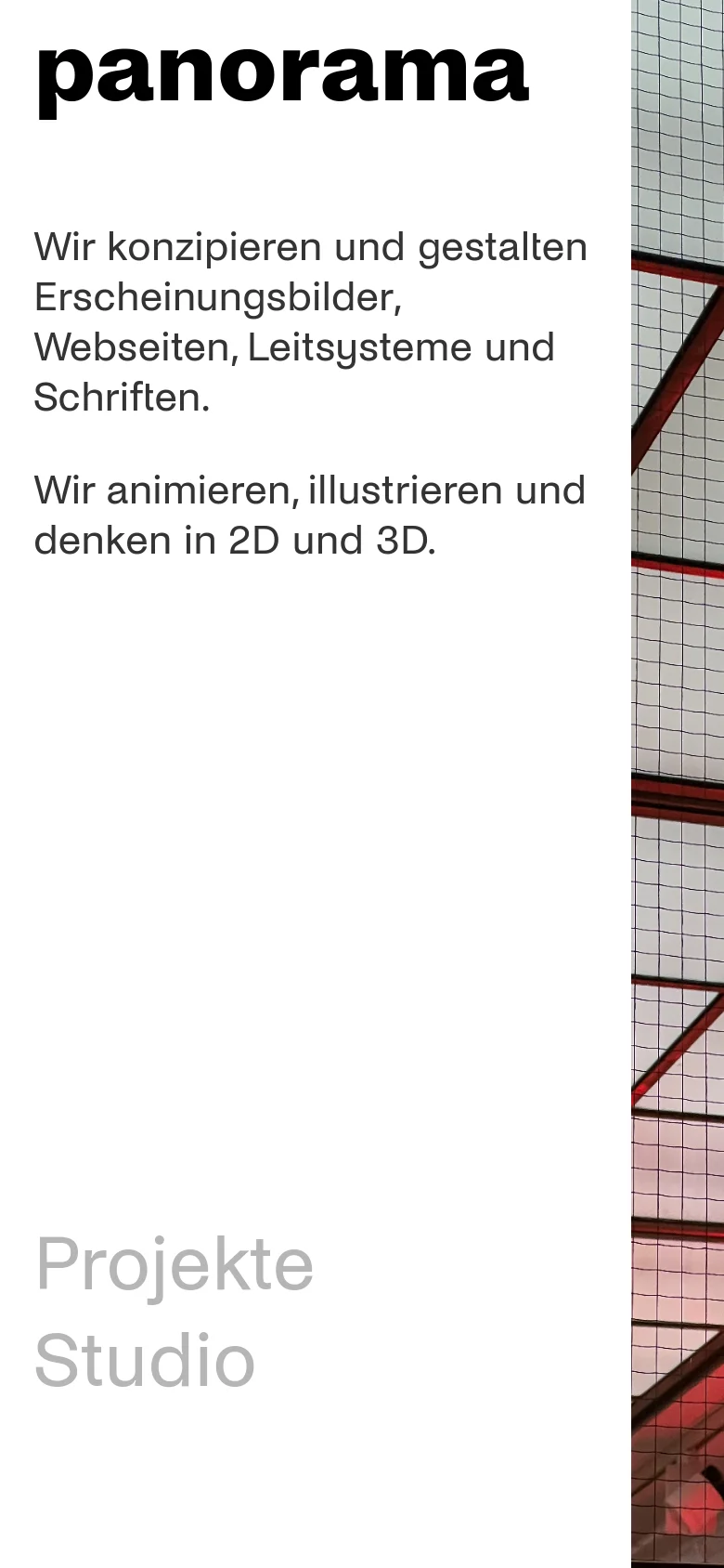 The mobile version presents a vertically stacked layout with the 'panorama' logo and text descriptions at the top. The large architectural image is repositioned to the right side, appearing as a narrow vertical strip alongside the text and navigation links.