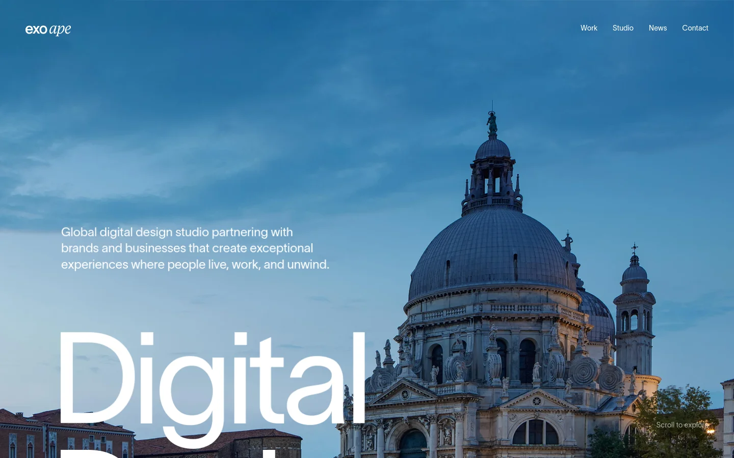 The desktop homepage features a large hero image of a Venetian cathedral under a blue sky with white typography overlaid. A navigation menu with links for Work, Studio, News, and Contact sits at the top right, while the brand name 'exo ape' is at the top left. The layout is spacious and minimalist, using high-quality photography and bold, large-scale headings.