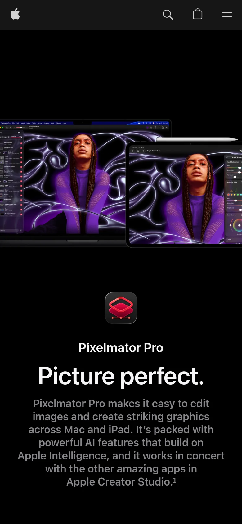 The mobile version presents a vertically stacked layout on a black background, focusing on the 'Pixelmator Pro. Picture perfect.' headline and descriptive text. The hero imagery of the laptop and iPad is scaled down and centered above the text, and the top navigation is condensed into a hamburger menu icon alongside a search icon and a shopping bag icon.