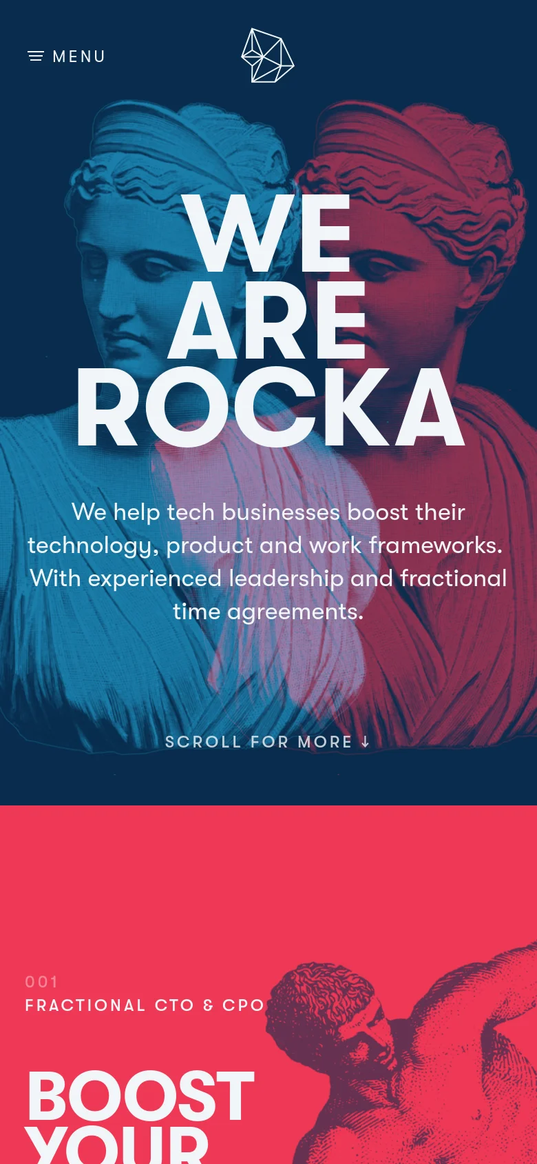 The mobile version uses a similar dark blue theme and classical statue imagery but shifts to a vertical stack. The navigation is condensed into a hamburger menu labeled 'MENU' at the top left, and the large 'WE ARE ROCKA' headline is centered above the descriptive text. The 'SCROLL FOR MORE' prompt is positioned at the bottom of the hero section instead of the side.