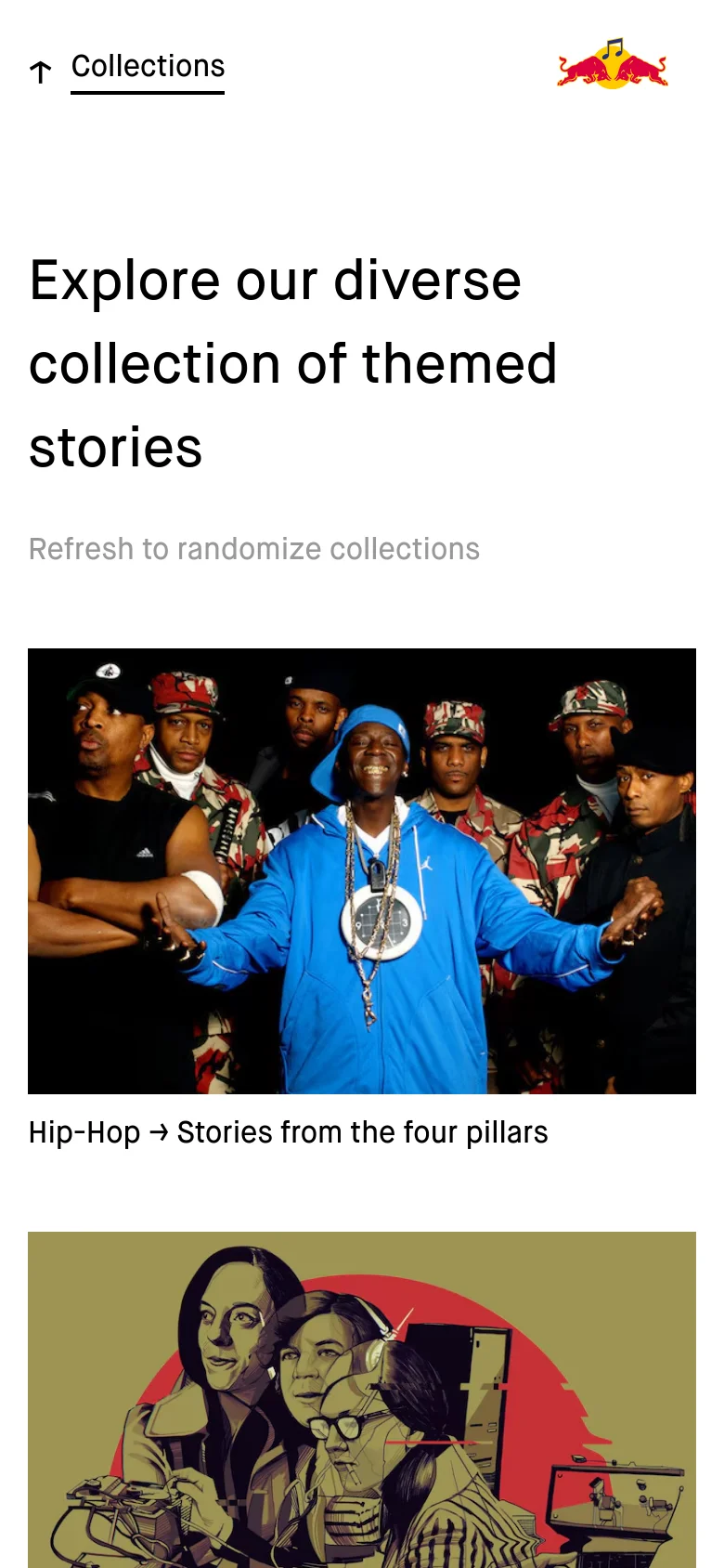 The mobile version presents a simplified vertical layout with a white header containing a menu icon and the Red Bull logo. The hero text is stacked vertically, and the themed story collections are displayed as large, full-width image tiles stacked one on top of another for easy scrolling.