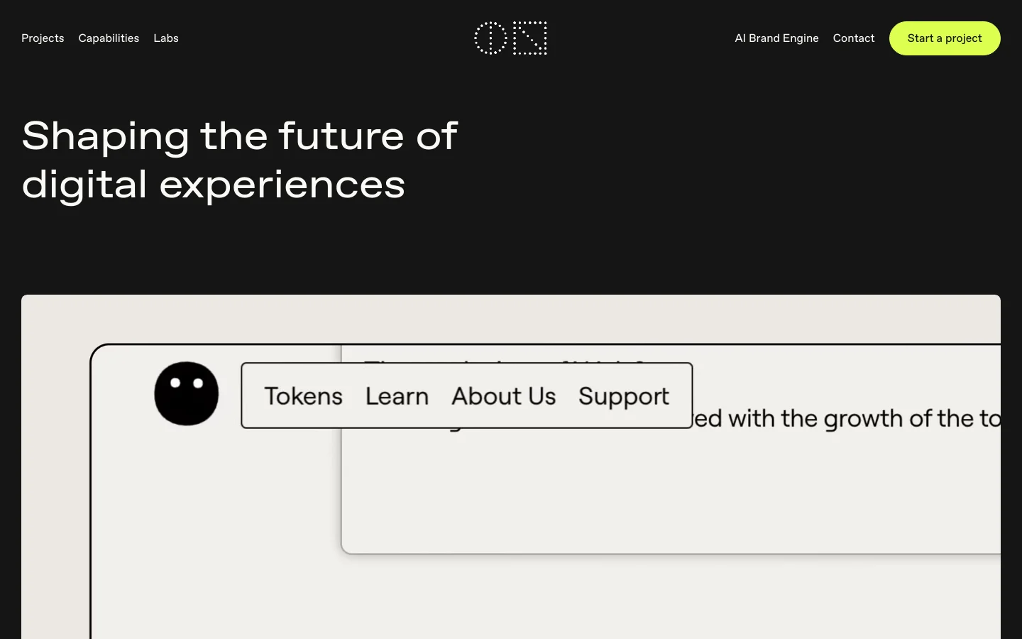 The desktop homepage features a dark minimalist header with the Made by ON logo, navigation links, and a yellow 'Start a project' button. A large hero headline reads 'Shaping the future of digital experiences' against a dark background, followed by a section with a light background showcasing client logos and a grid of case studies with text and images.