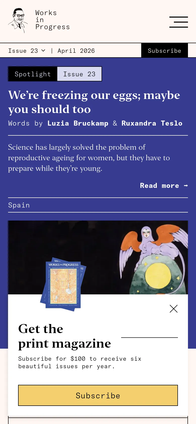 The mobile version presents a single-column vertical layout optimized for scrolling. The hero illustration and spotlight article appear at the top, followed by article cards stacked vertically. A prominent subscription pop-up overlay is visible at the bottom, featuring a yellow 'Subscribe' button and a brief description of the print magazine.