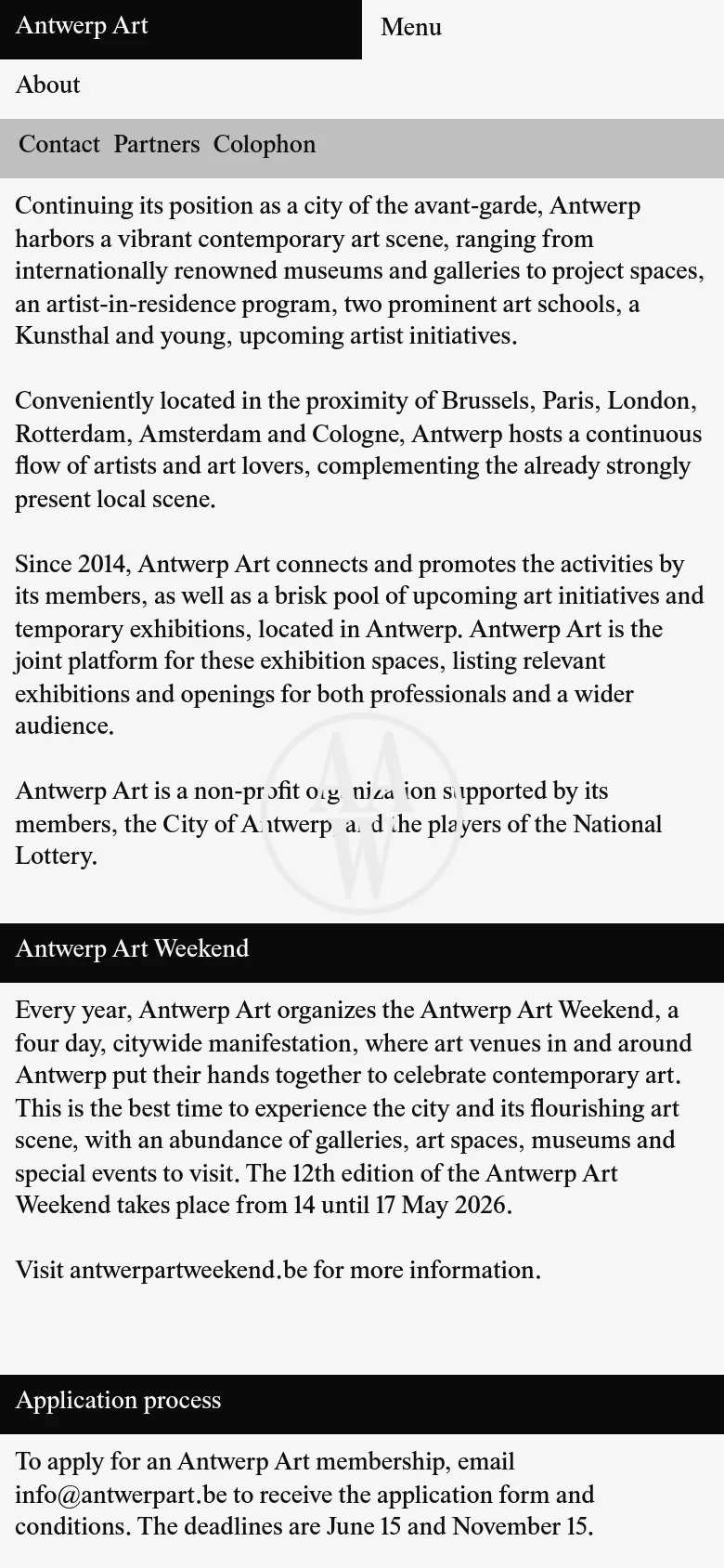 The mobile version simplifies the layout into a single vertical column, removing the side-by-side desktop arrangement. The navigation is condensed into a 'Menu' toggle, and the content flows linearly with large text blocks and full-width black header bars for section titles.